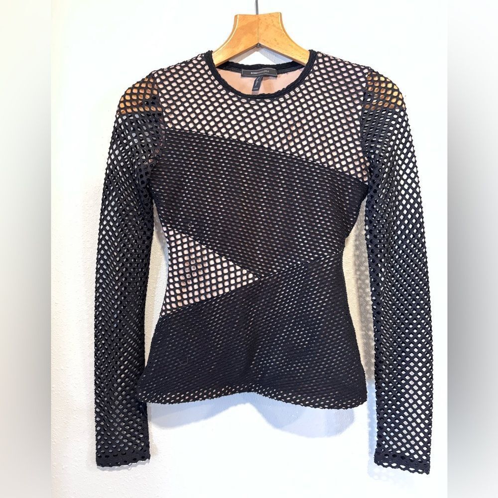 BCBGMaxAzria Black Openwork Mesh Long Sleeve Top